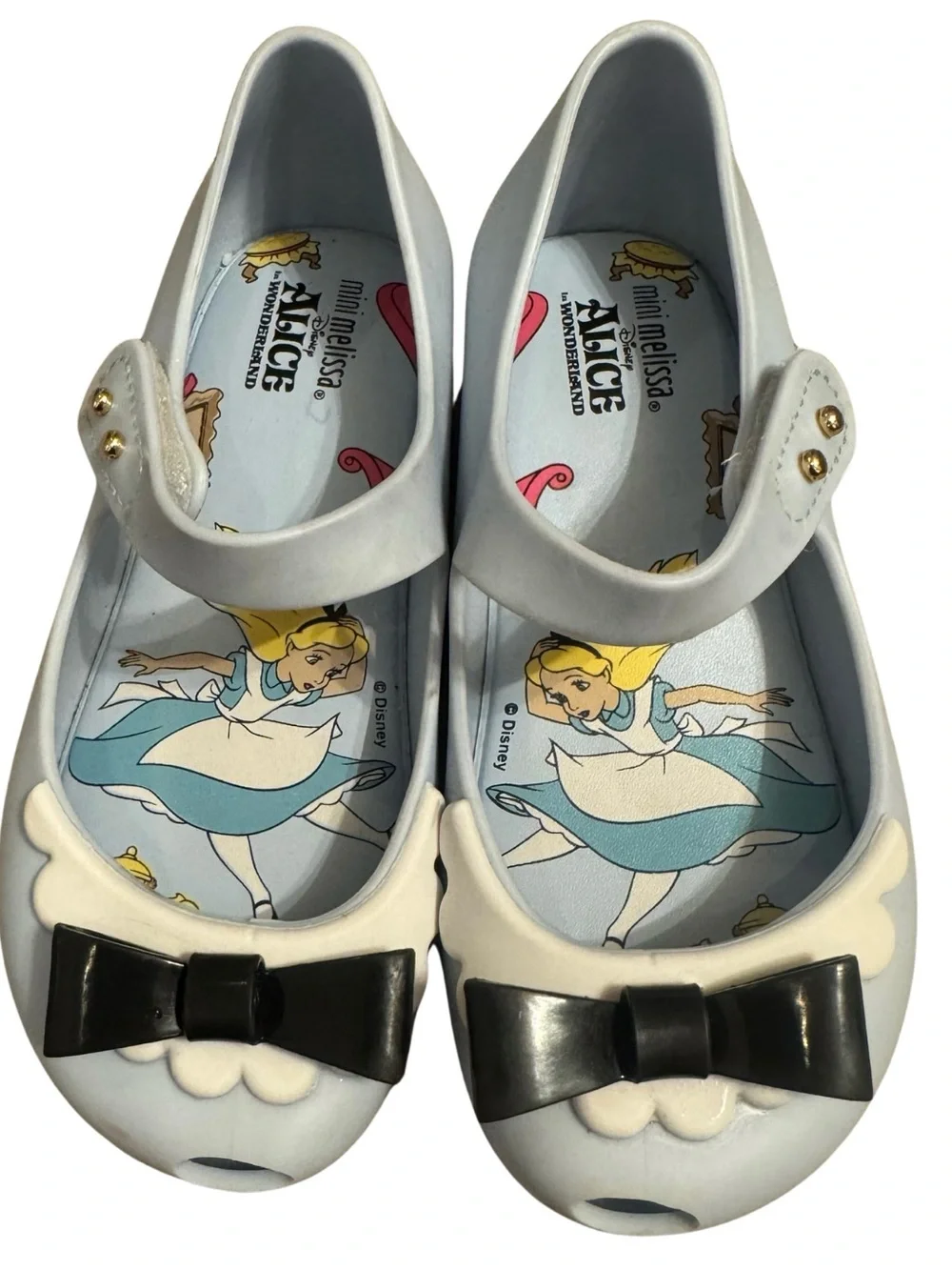 Mini Melissa Light Blue Mary Jane Flats with Black Bows